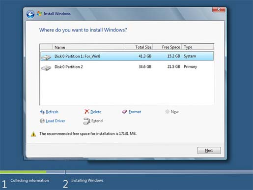 Разделы жесткого диска при установке Windows 8